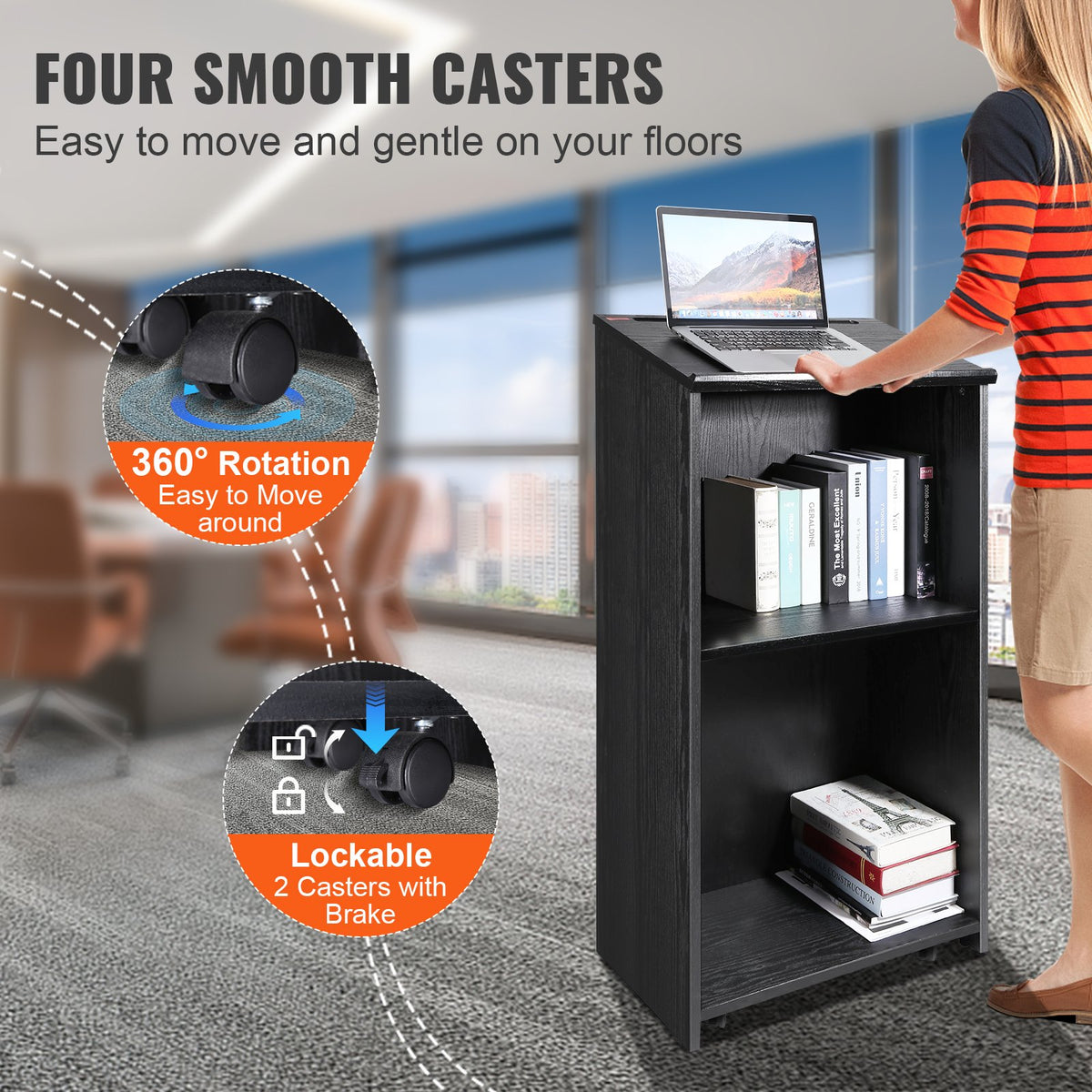 VEVOR Podium Stand, 119 cm Hostess Stand with 4 Rolling Wheels, Wood Podium with Storage Shelves, and Slant Desktop, Lecterns & Podiums for Church, Office, School, Home, Black
