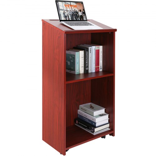VEVOR Podium Stand, 47 in Hostess Stand with 4 Rolling Wheels, Wood Podium with Storage Shelves, and Slant Desktop, Lecterns & Podiums for Church, Office, School, Home, Brown