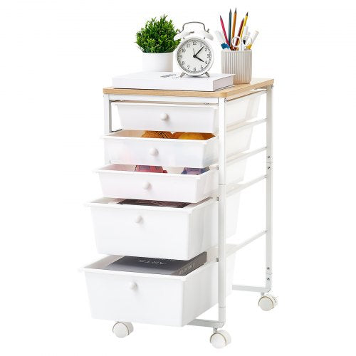 VEVOR Rolling Cart with Drawers, 5 Drawer Storage Organizer, Mobile Utility Cart with Wood Top, Steel Frame, Universal Casters & 2 Brakes, for Office, Classroom, Craft Supplies, Bedroom, Makeup, White