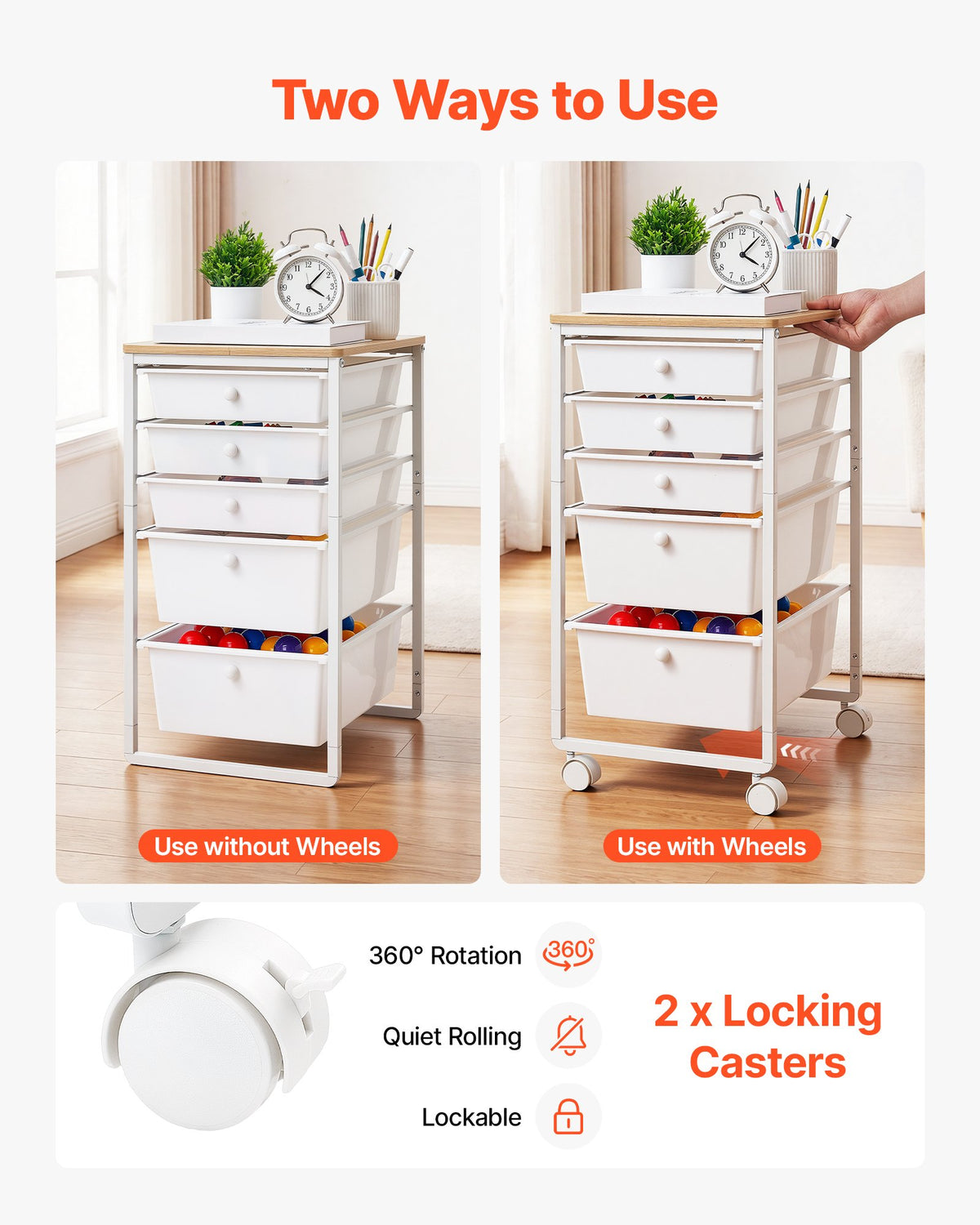 VEVOR Rolling Cart with Drawers, 5 Drawer Storage Organizer, Mobile Utility Cart with Wood Top, Steel Frame, Universal Casters & 2 Brakes, for Office, Classroom, Craft Supplies, Bedroom, Makeup, White