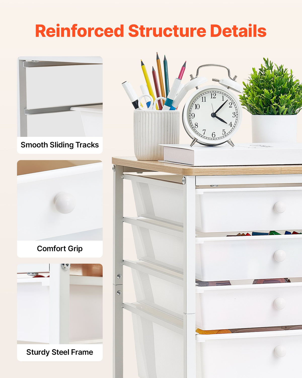 VEVOR Rolling Cart with Drawers, 5 Drawer Storage Organizer, Mobile Utility Cart with Wood Top, Steel Frame, Universal Casters & 2 Brakes, for Office, Classroom, Craft Supplies, Bedroom, Makeup, White