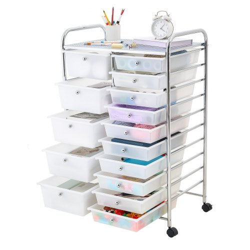 VEVOR Rolling Cart with Drawers, Double Row 15 Drawer Storage Organizer, Mobile Utility Cart with Chrome Steel Frame, Universal Casters & 2 Brakes, for Office, Classroom, Craft Room, Studio, Garage