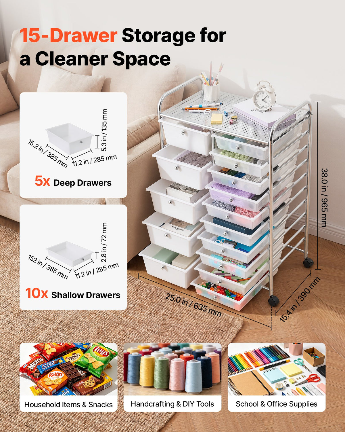 VEVOR Rolling Cart with Drawers, Double Row 15 Drawer Storage Organizer, Mobile Utility Cart with Chrome Steel Frame, Universal Casters & 2 Brakes, for Office, Classroom, Craft Room, Studio, Garage