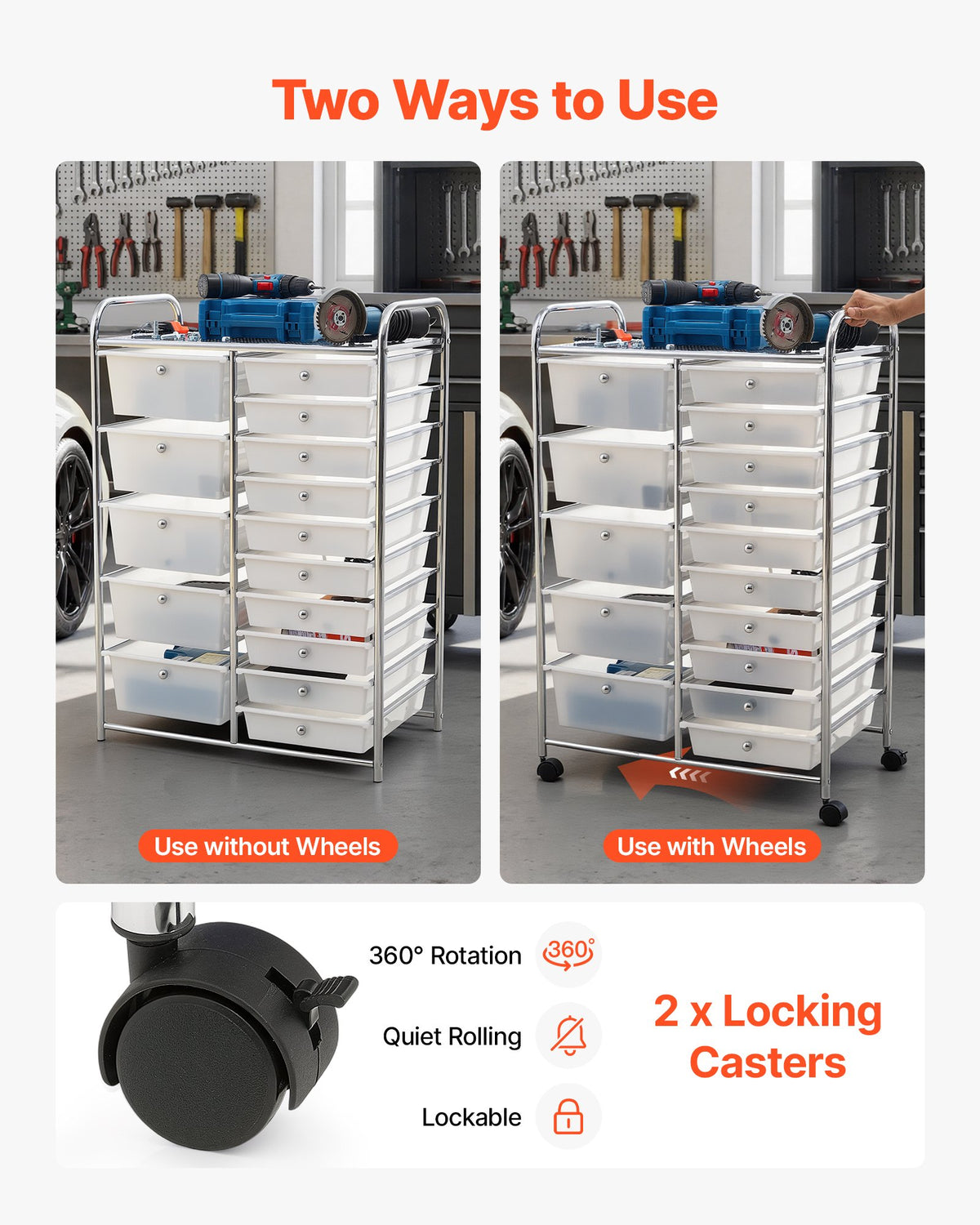 VEVOR Rolling Cart with Drawers, Double Row 15 Drawer Storage Organizer, Mobile Utility Cart with Chrome Steel Frame, Universal Casters & 2 Brakes, for Office, Classroom, Craft Room, Studio, Garage