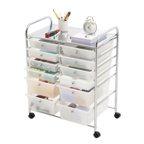 VEVOR Rolling Cart with Drawers, Double Row 12 Drawer Storage Organizer, Mobile Utility Cart with Chrome Steel Frame, Universal Casters & 2 Brakes, for Office, Classroom, Craft Room, Studio, Garage