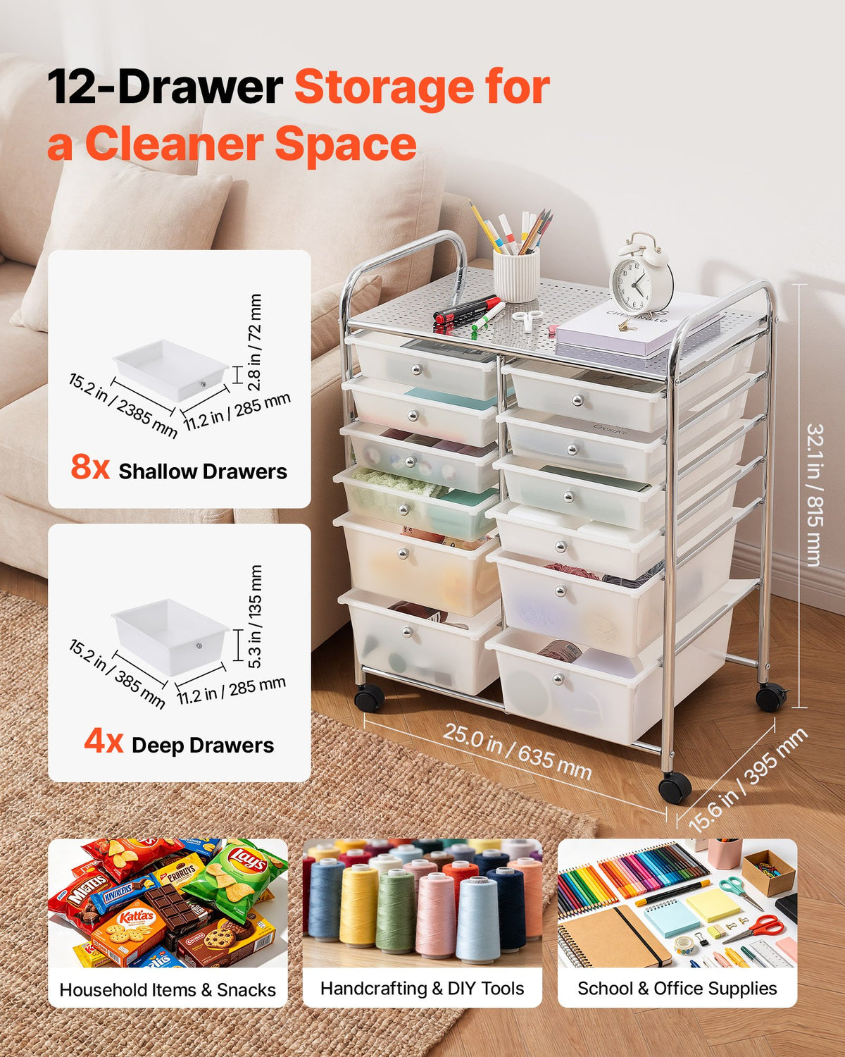 VEVOR Rolling Cart with Drawers, Double Row 12 Drawer Storage Organizer, Mobile Utility Cart with Chrome Steel Frame, Universal Casters & 2 Brakes, for Office, Classroom, Craft Room, Studio, Garage