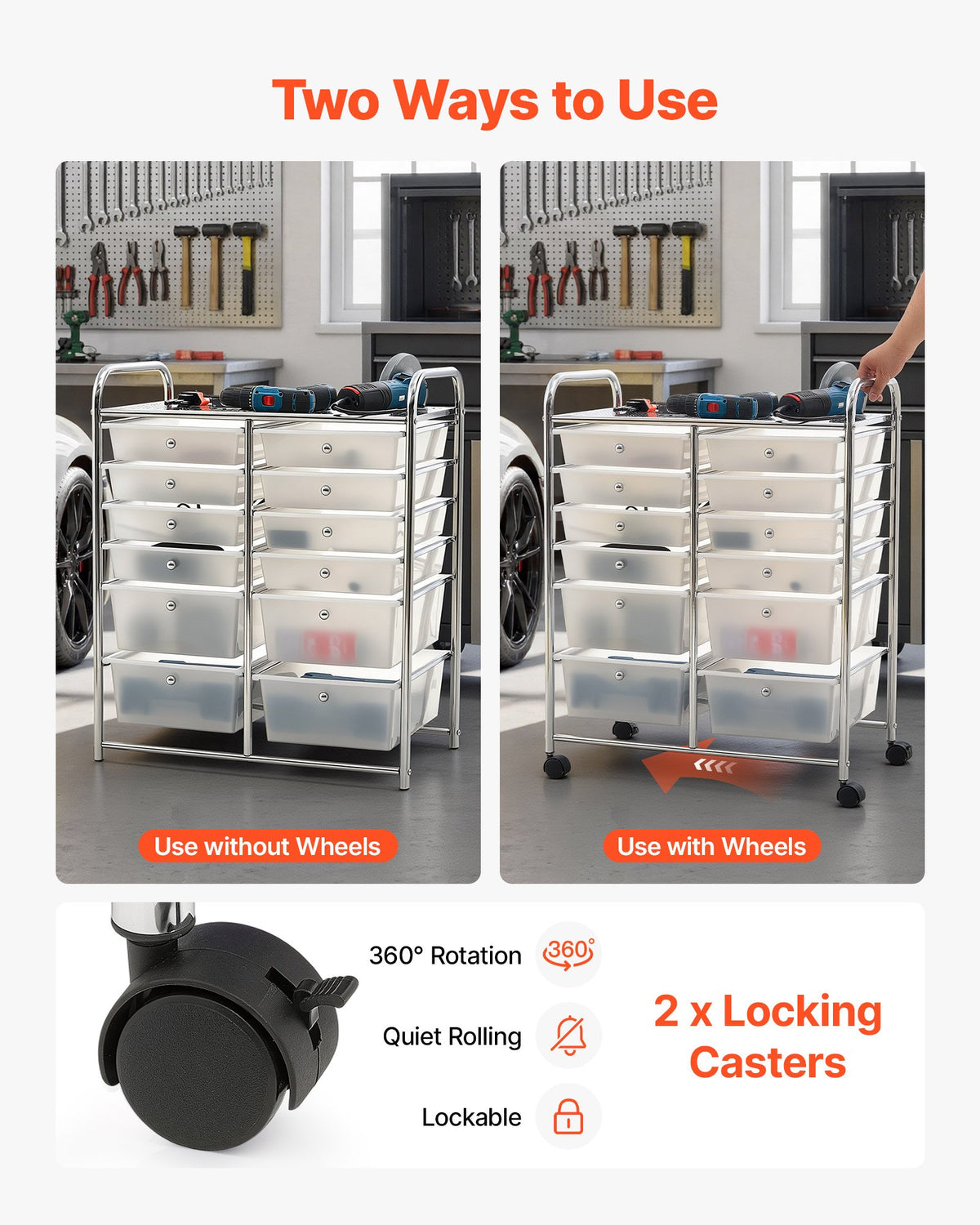 VEVOR Rolling Cart with Drawers, Double Row 12 Drawer Storage Organizer, Mobile Utility Cart with Chrome Steel Frame, Universal Casters & 2 Brakes, for Office, Classroom, Craft Room, Studio, Garage