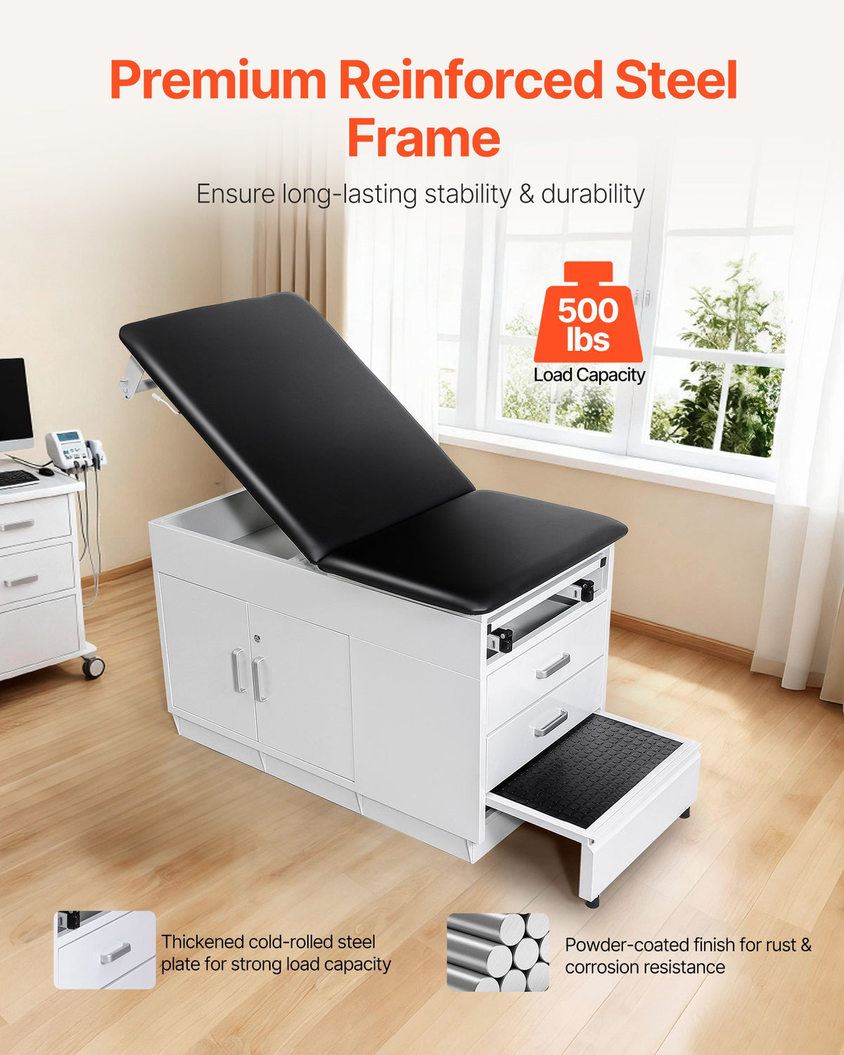 VEVOR Pro Medical Exam Table, Medical Examination Bed with Adjustable Backrest, Physical Therapy Exam Table with Locking Cabinet, 2 Drawers, Paper Roll Dispenser, Step Stool & Leg Rest, 227kg Loading