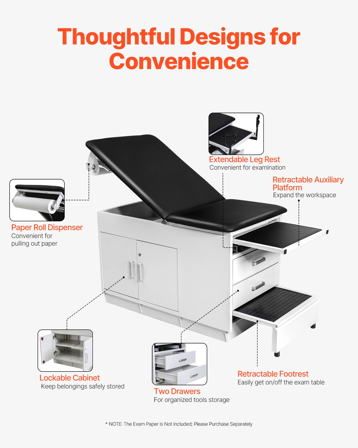VEVOR Pro Medical Exam Table, Medical Examination Bed with Adjustable Backrest, Physical Therapy Exam Table with Locking Cabinet, 2 Drawers, Paper Roll Dispenser, Step Stool & Leg Rest, 227kg Loading