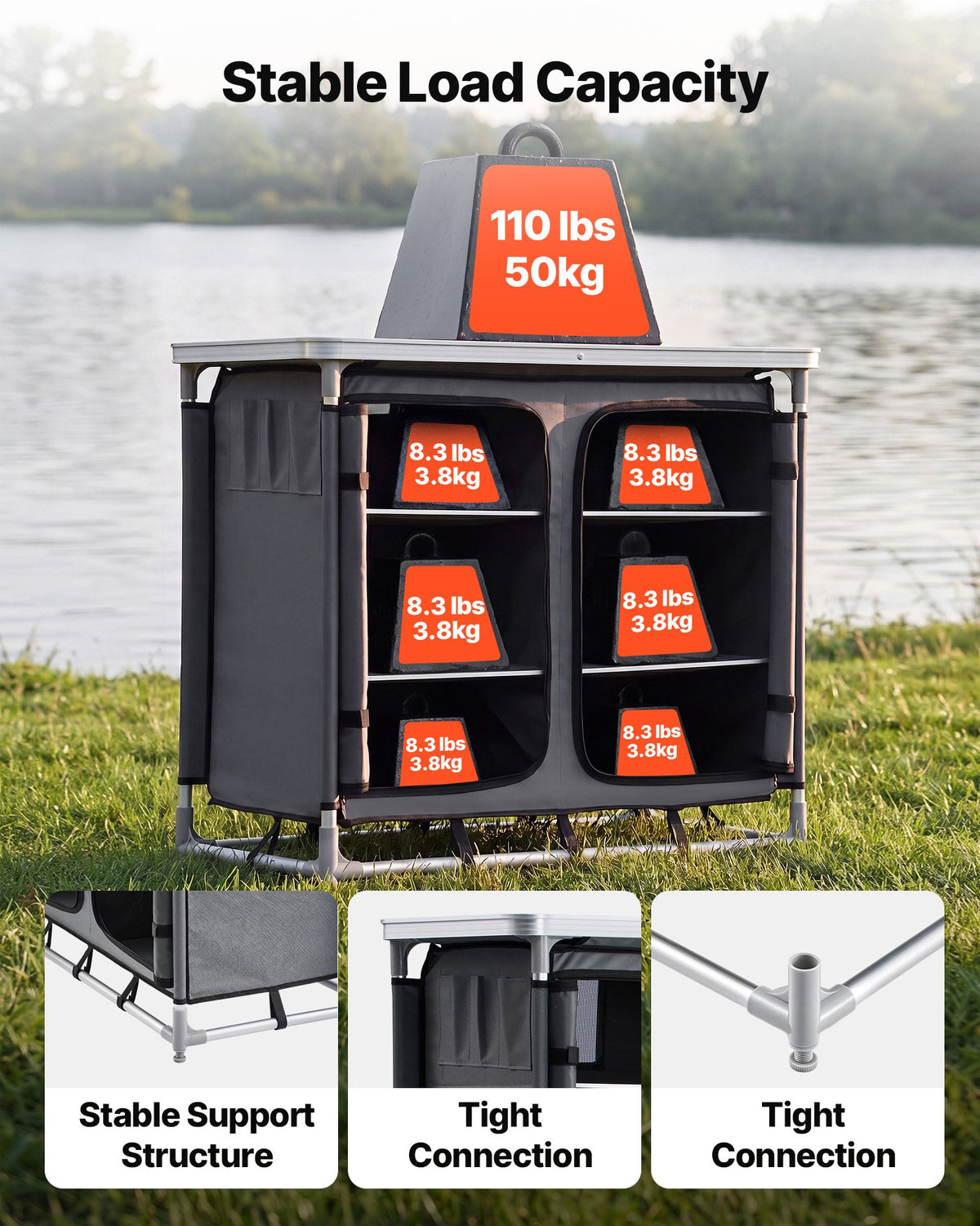 VEVOR Camping Storage Cabinet, Outdoor Portable Aluminum Lightweight Table, Quick Set-up Compact Kitchen Cook Station, with 6 Shelves and Carry Bag, for Picnic, BBQ, Party, Camping, RV Traveling