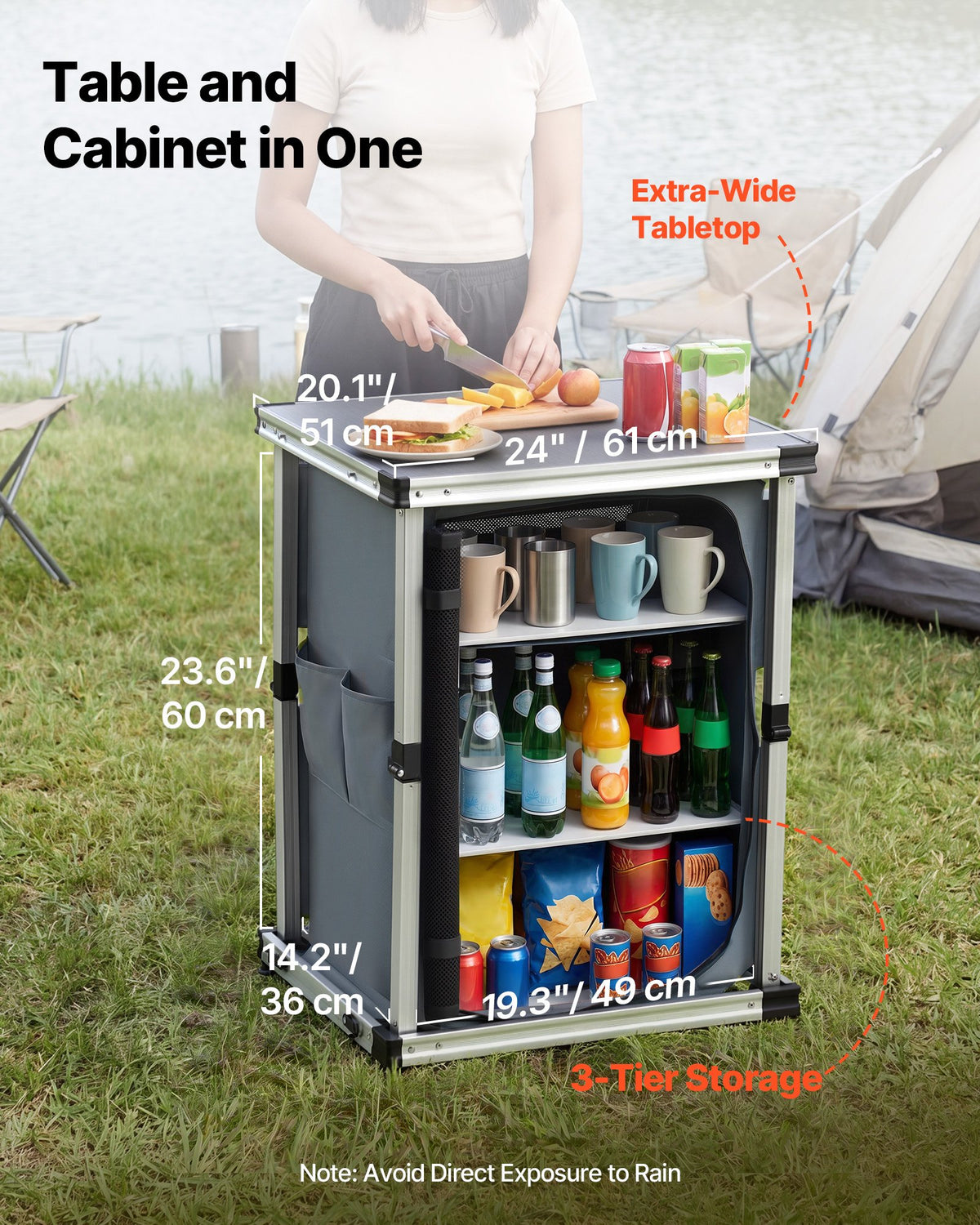 VEVOR Folding Camping Storage Cabinet, Outdoor Portable Aluminum Lightweight Table, Quick Set-up Compact Kitchen Cook Station, with 3 Shelves and Carry Bag, for Picnic, BBQ, Camping, RV Traveling