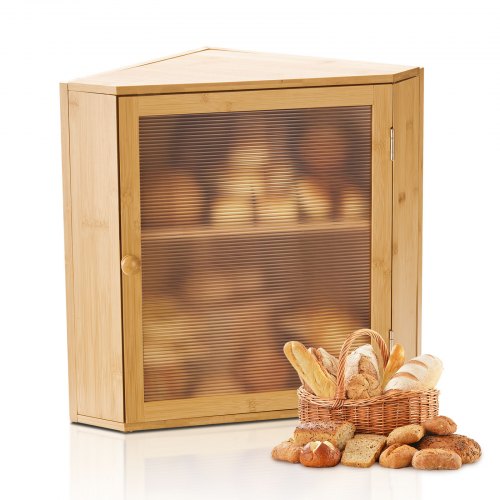 VEVOR Corner Bread Box for Kitchen Counter, Double Layer Large Capacity Bamboo Bread Storage Container, Farmhouse Wooden Breadbox for Homemade Bread, Storage Holder Bin with Acrylic Wavy Door, Natural