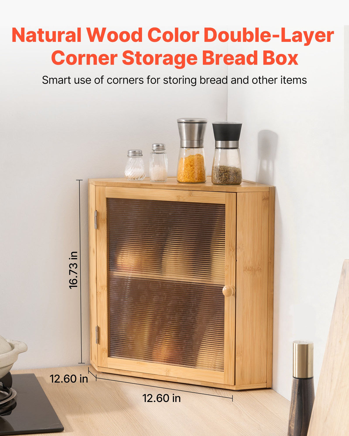 VEVOR Corner Bread Box for Kitchen Counter, Double Layer Large Capacity Bamboo Bread Storage Container, Farmhouse Wooden Breadbox for Homemade Bread, Storage Holder Bin with Acrylic Wavy Door, Natural