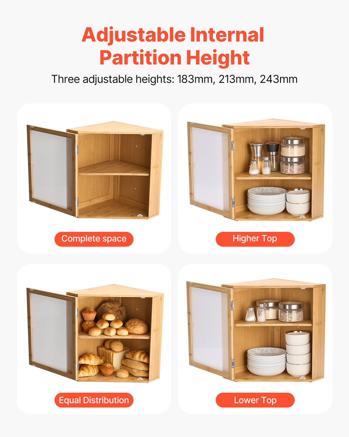 VEVOR Corner Bread Box for Kitchen Counter, Double Layer Large Capacity Bamboo Bread Storage Container, Farmhouse Wooden Breadbox for Homemade Bread, Storage Holder Bin with Acrylic Wavy Door, Natural