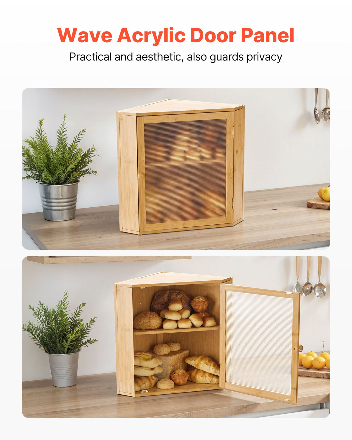 VEVOR Corner Bread Box for Kitchen Counter, Double Layer Large Capacity Bamboo Bread Storage Container, Farmhouse Wooden Breadbox for Homemade Bread, Storage Holder Bin with Acrylic Wavy Door, Natural