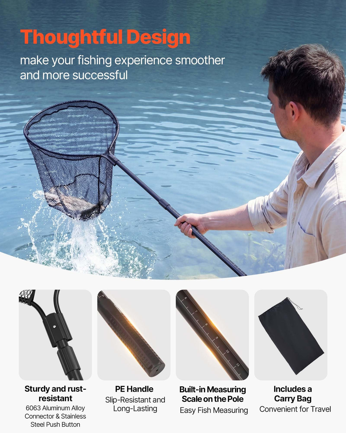 VEVOR Fishing Net, Landing Nets with Telescopic Handle, Portable Lightweight Stronger 6063 Aluminum Fish Gear, Nylon Covered PVC, Durable and Fish-friendly, 66 cm Net Opening for Saltwater Bait Fish