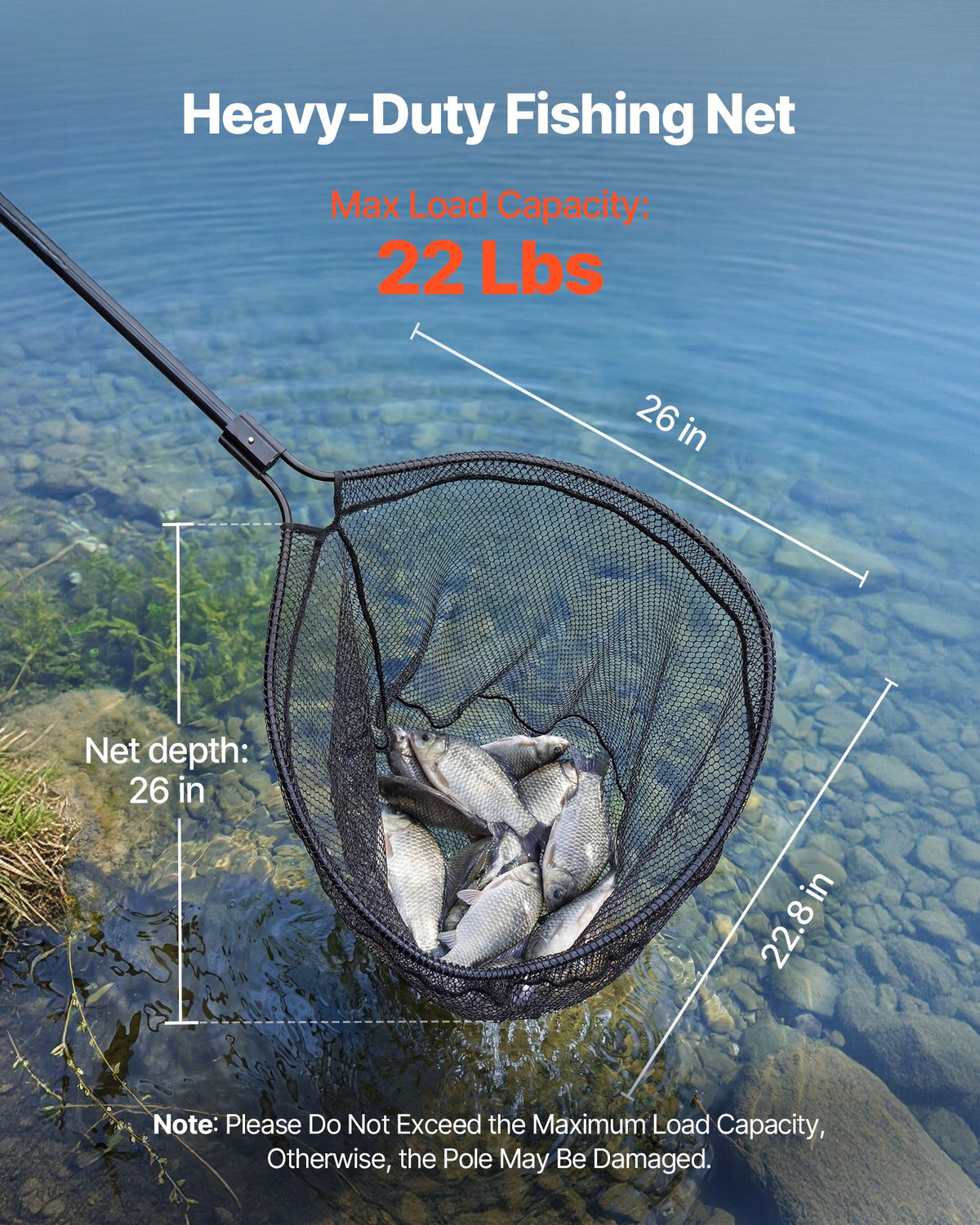 VEVOR Fishing Net, Landing Nets with Telescopic Handle, Portable Lightweight Stronger 6063 Aluminum Fish Gear, Nylon Covered PVC, Durable and Fish-friendly, 66 cm Net Opening for Saltwater Bait Fish