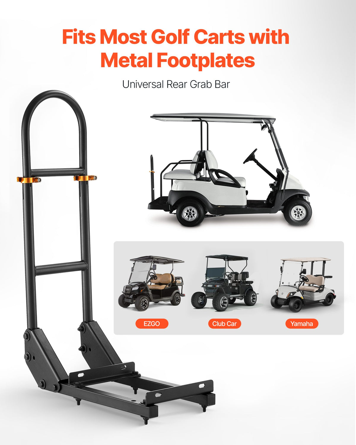 VEVOR Golf Cart Grab Bar, 450 x 235 x 905 mm, Compatible with Most Golf Carts with Metal Footplates, No Modification Needed, 27.5 to 33.5 Inch Height Adjustable Carbon Steel Rear Seat Grab Bar, Black