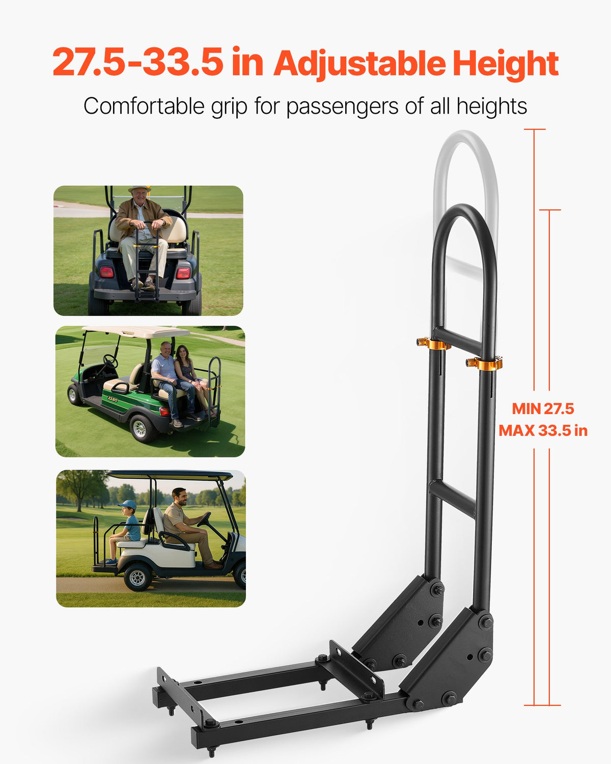 VEVOR Golf Cart Grab Bar, 450 x 235 x 905 mm, Compatible with Most Golf Carts with Metal Footplates, No Modification Needed, 27.5 to 33.5 Inch Height Adjustable Carbon Steel Rear Seat Grab Bar, Black