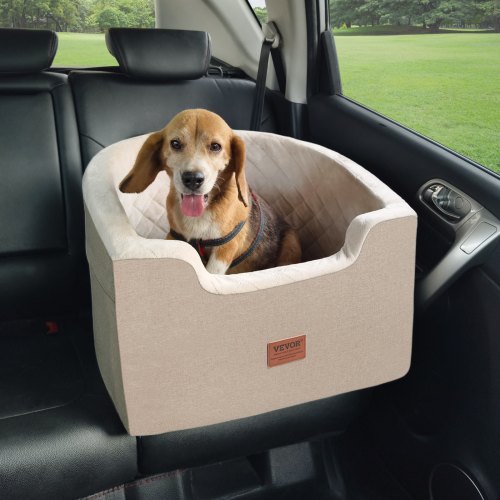 VEVOR Dog Car Seat, Waterproof Dog Booster Seat for Car with A Storage Pocket, Clip-On Safety Leash and Sponge Filling, Dog Car Bed for Small & Medium Dog up to 55lbs, Brown