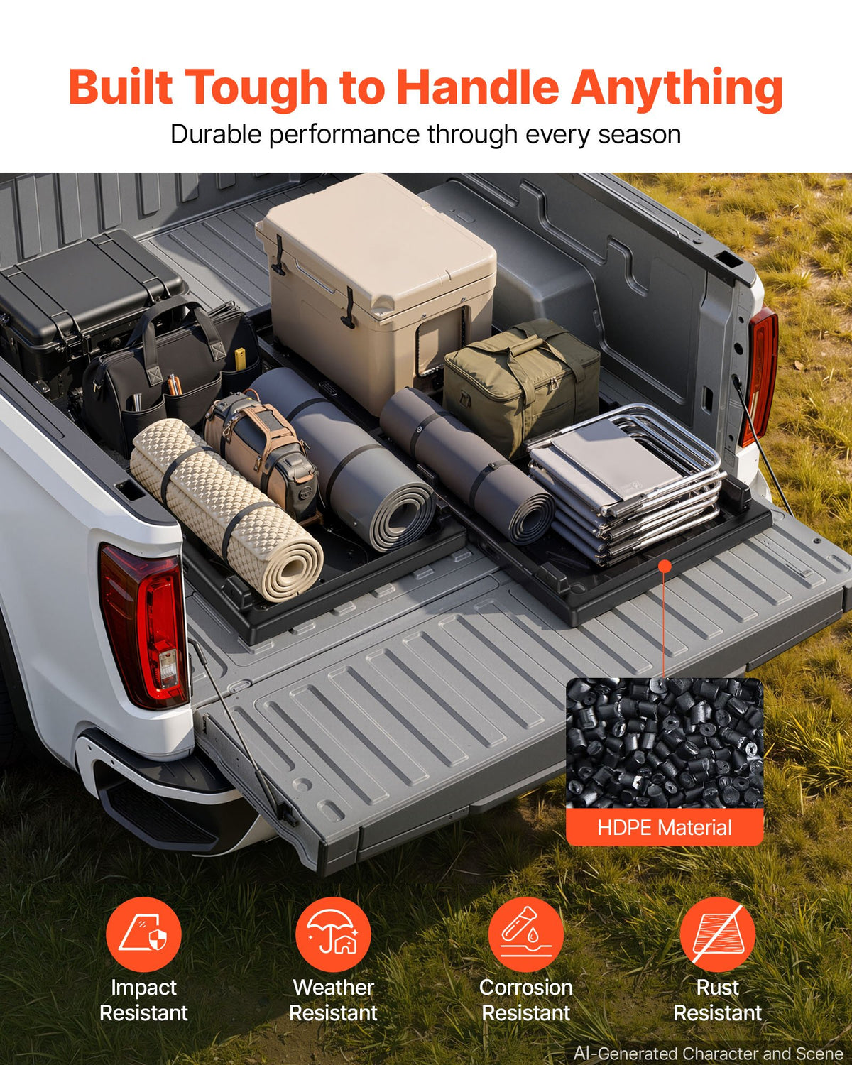 VEVOR Slide-Out Truck Bed Cargo Tray 226.8kg Capacity Fit 5'7" Beds&Longer, Heavy-Duty Bed Slide, for Full-Size Pickup Trucks, Durable HDPE Material, Easy Tailgate Access, Sliding Storage Organizer