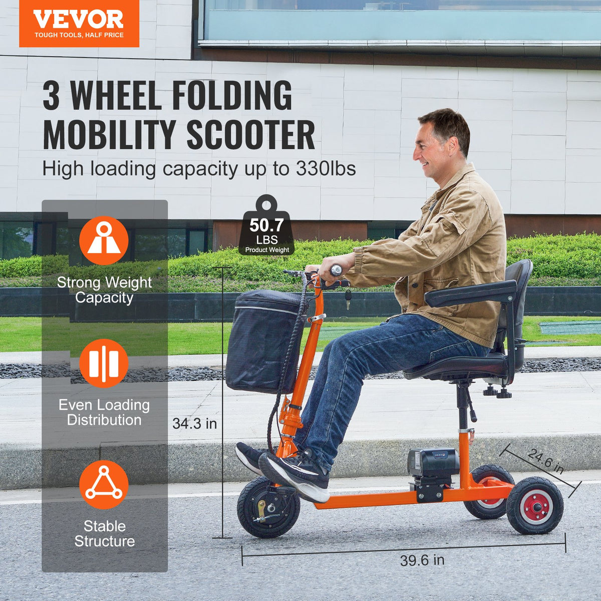 VEVOR Foldable 3 Wheel Mobility Scooter for Seniors