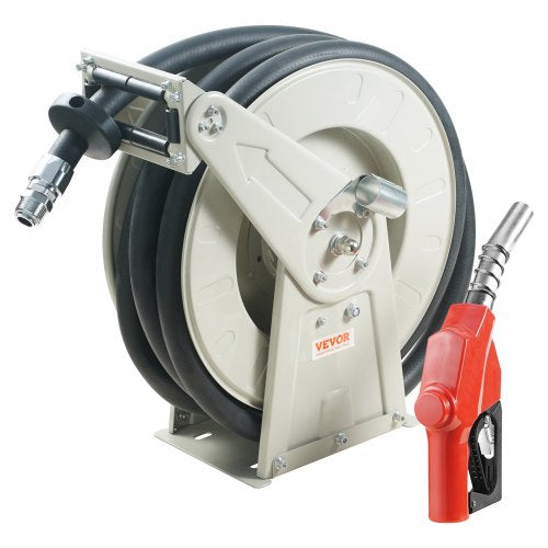 VEVOR Fuel Hose Reel, 25.4 mm x 10.06 m, Extra Long Retractable Diesel Hose Reel, Heavy-Duty Carbon Steel Construction with Automatic Fuel Nozzle, NBR Rubber Hose for Aircraft Ship Vehicle Tank Truck, 20.68 bar