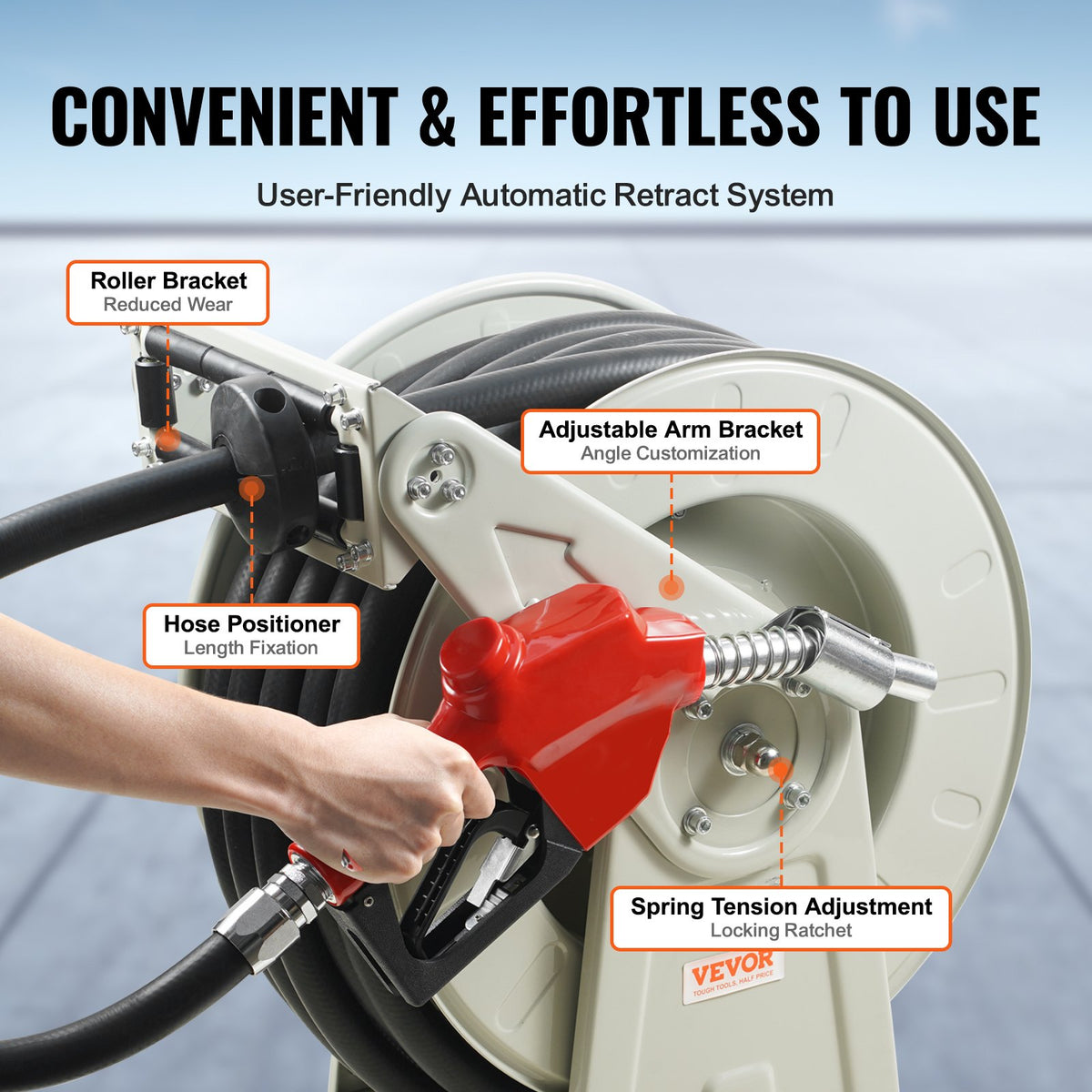 VEVOR Fuel Hose Reel, 25.4 mm x 10.06 m, Extra Long Retractable Diesel Hose Reel, Heavy-Duty Carbon Steel Construction with Automatic Fuel Nozzle, NBR Rubber Hose for Aircraft Ship Vehicle Tank Truck, 20.68 bar