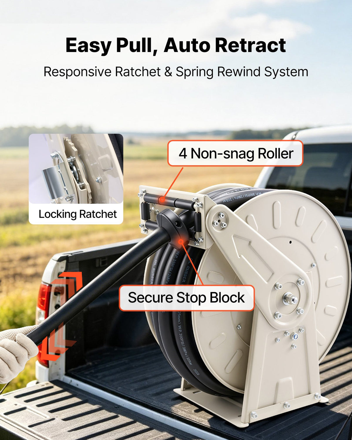 VEVOR Fuel Hose Reel, 19.05 x 19800 mm Retractable, Spring Driven Auto Swivel Rewind, 300 PSI, Heavy-Duty Carbon Steel Construction with Industrial Grade Rubber Hose, for Diesel Fuel, Kerosene