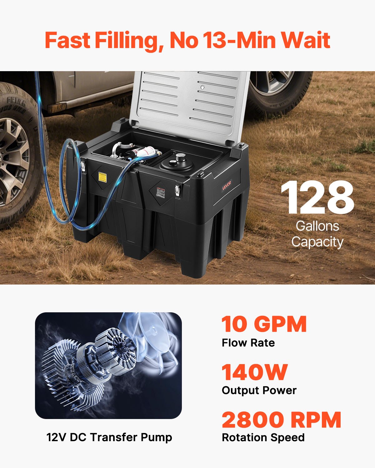 VEVOR Portable Diesel Tank, 484.5L Capacity & 10 GPM Flow Rate, Gas Fuel Tank with 12V Electric Transfer Pump and 4m Rubber Hose, PE Diesel Transfer Tanks for Easy Fuel Transportation, Black