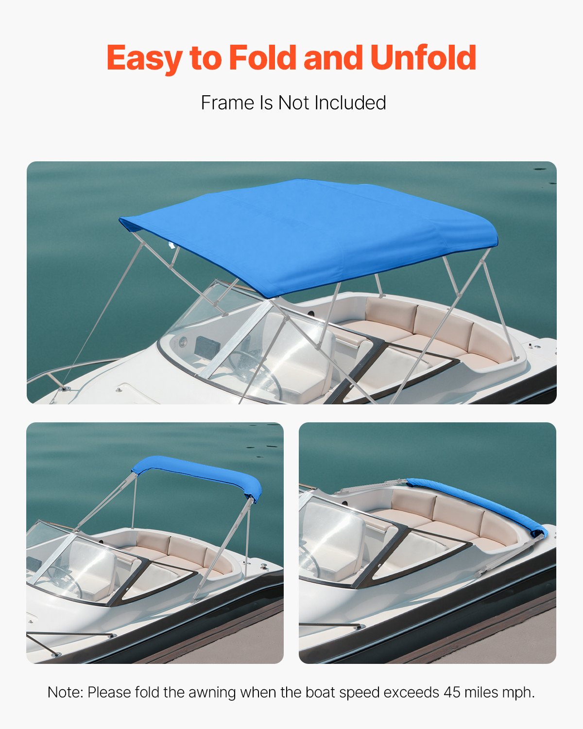 VEVOR 4 Bow Bimini Top Replacement Cover, 2440 mm Long, Durable 600D Marine Grade Waterproof Sun Shade Boat Canopy with Storage Boot, Easy Install Zipper Sleeve Awning, 2464-2616 mm W, Blue (No Frame)