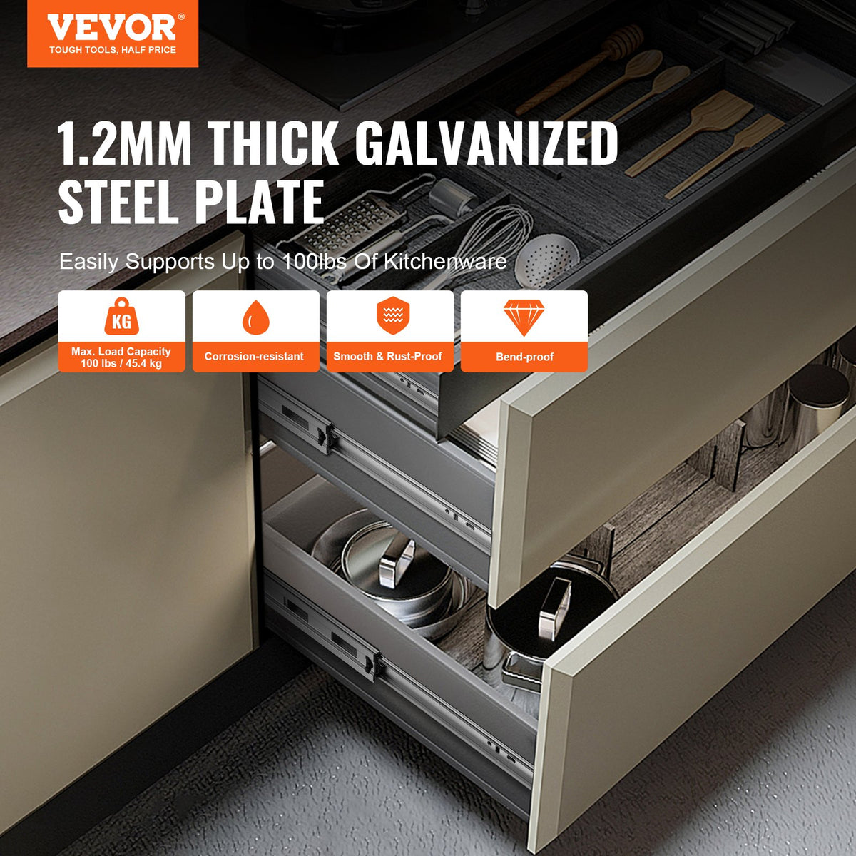 VEVOR 10 Pairs of 508mm Drawer Slides Side Mount Rails, Heavy Duty Full Extension Steel Track, Soft-Close Noiseless Guide Glides Cabinet Kitchen Runners with Ball Bearing, 100 Lbs Load Capacity