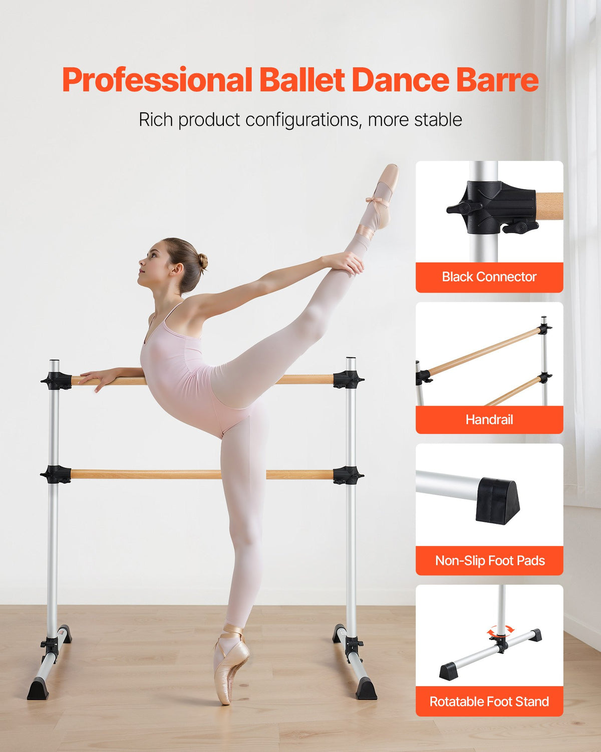 VEVOR Ballet Barre, Double Beechwood Barre Bar for Home, Freestanding Portable Ballet Stretching Dance Bars, Height Adjustable Anti-Wobble Fitness Gym Equipment, for Pilates Balance Workout