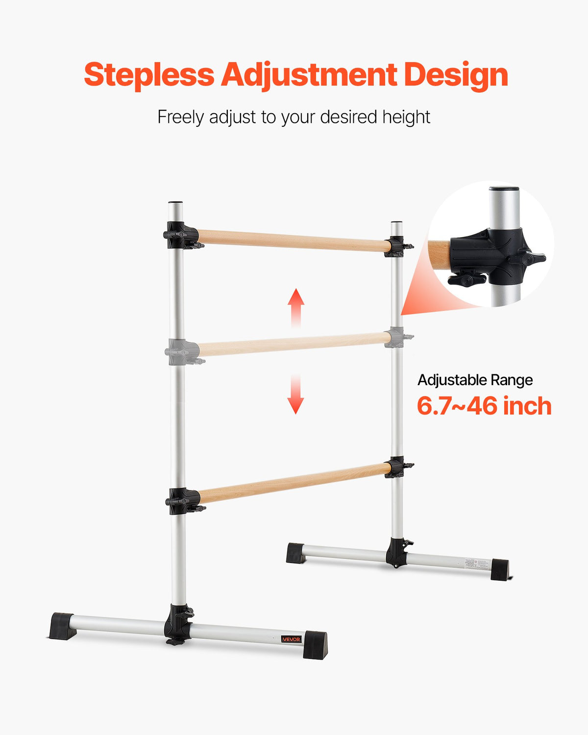 VEVOR Ballet Barre, Double Beechwood Barre Bar for Home, Freestanding Portable Ballet Stretching Dance Bars, Height Adjustable Anti-Wobble Fitness Gym Equipment, for Pilates Balance Workout