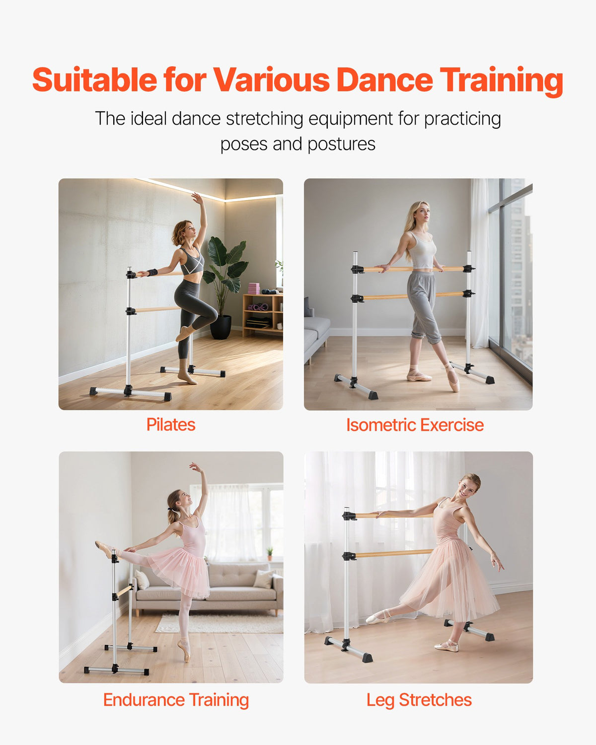 VEVOR Ballet Barre, Double Beechwood Barre Bar for Home, Freestanding Portable Ballet Stretching Dance Bars, Height Adjustable Anti-Wobble Fitness Gym Equipment, for Pilates Balance Workout