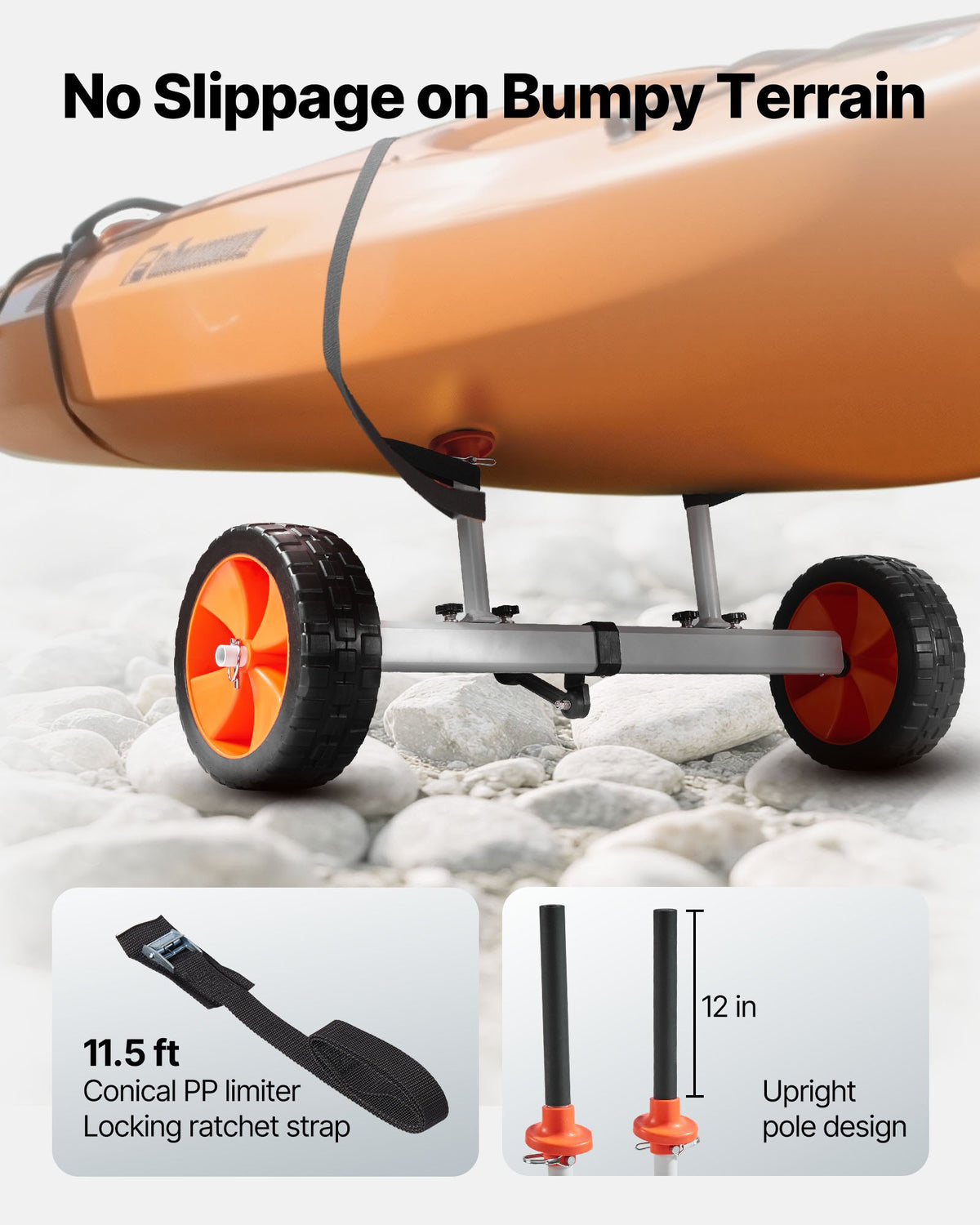 VEVOR Kayak Cart, 104 kg Load Capacity, Canoe Cart Dolly with 25.4 cm Solid PU Tires & Kickstand, Assembles & Disassembles Within Seconds, Paddle Board Trolley for Kayaks, Canoes, Paddleboards