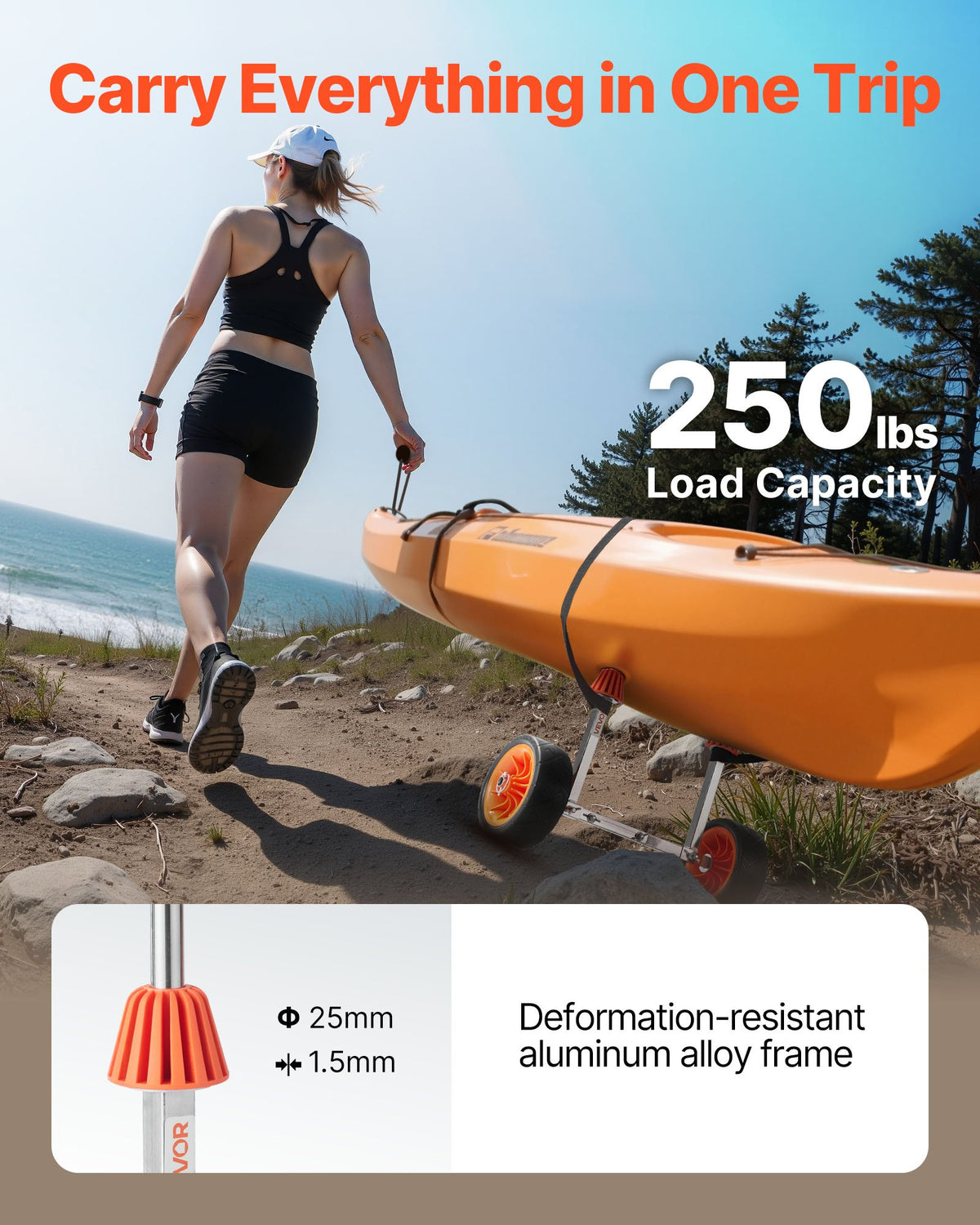 VEVOR Kayak Cart, 113.4 kg Load Capacity, Canoe Cart Dolly with 19.1 cm Solid Rubber Tires & Kickstand, Assembles & Disassembles Within Seconds, Paddle Board Trolley for Kayaks, Canoes, Paddleboards