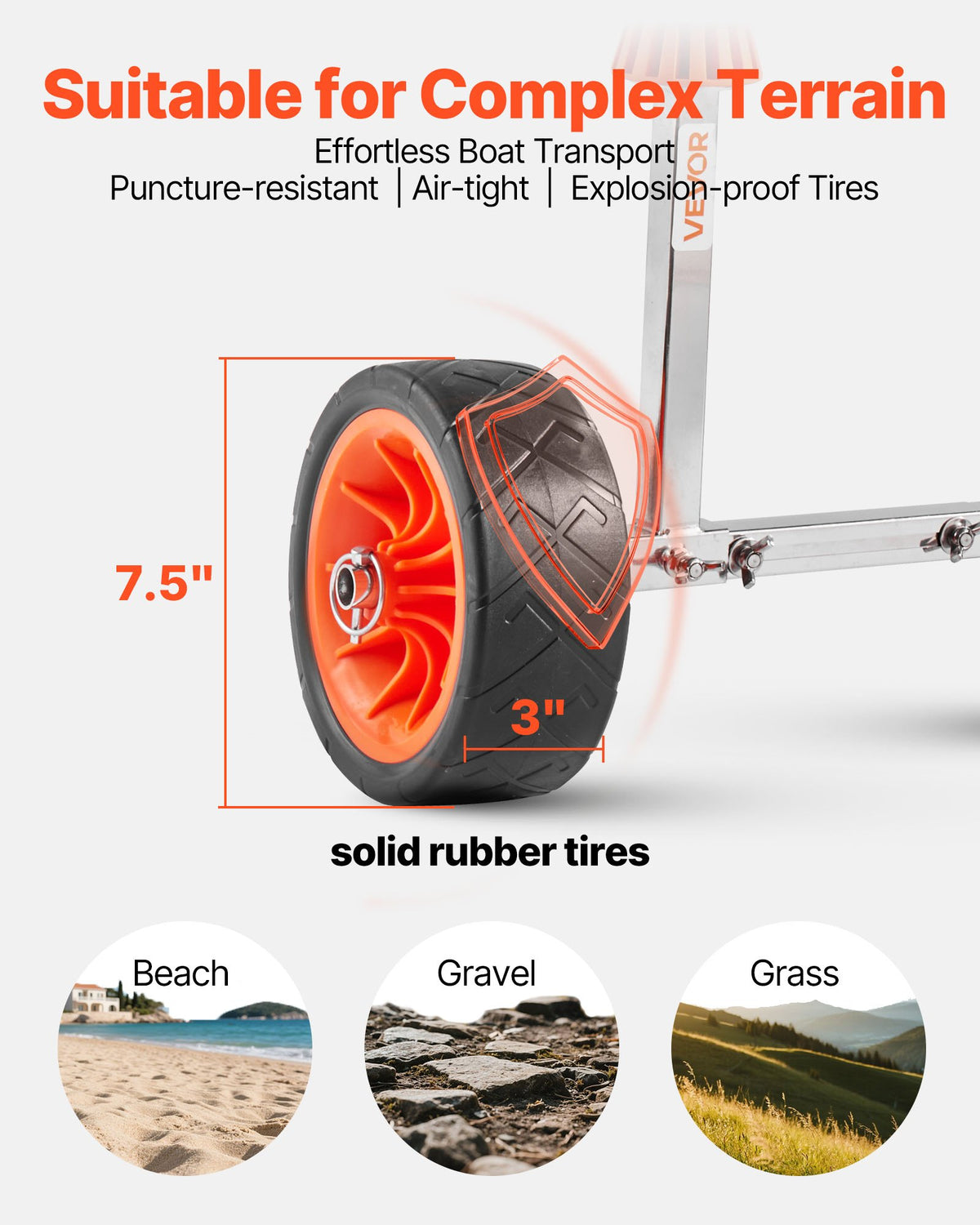 VEVOR Kayak Cart, 113.4 kg Load Capacity, Canoe Cart Dolly with 19.1 cm Solid Rubber Tires & Kickstand, Assembles & Disassembles Within Seconds, Paddle Board Trolley for Kayaks, Canoes, Paddleboards