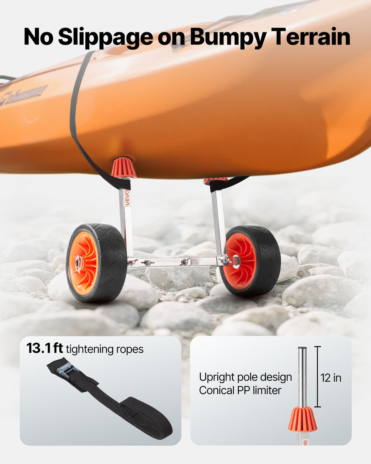 VEVOR Kayak Cart, 113.4 kg Load Capacity, Canoe Cart Dolly with 19.1 cm Solid Rubber Tires & Kickstand, Assembles & Disassembles Within Seconds, Paddle Board Trolley for Kayaks, Canoes, Paddleboards