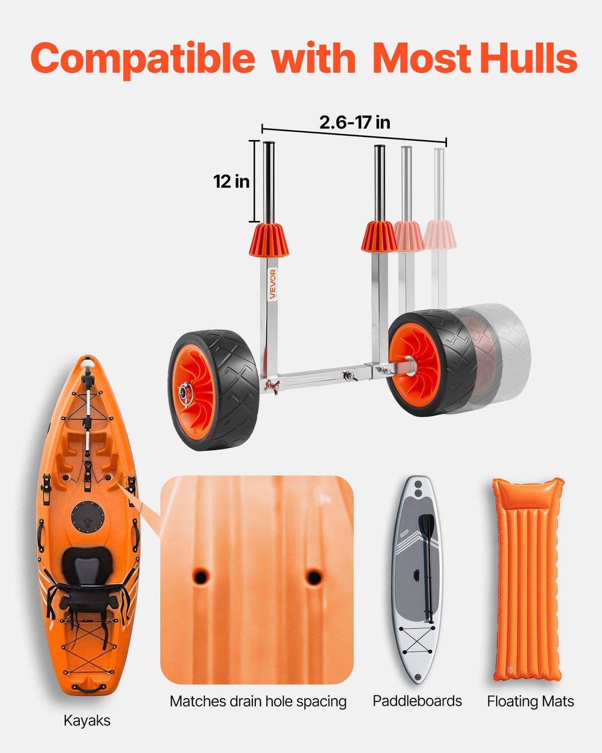 VEVOR Kayak Cart, 113.4 kg Load Capacity, Canoe Cart Dolly with 19.1 cm Solid Rubber Tires & Kickstand, Assembles & Disassembles Within Seconds, Paddle Board Trolley for Kayaks, Canoes, Paddleboards