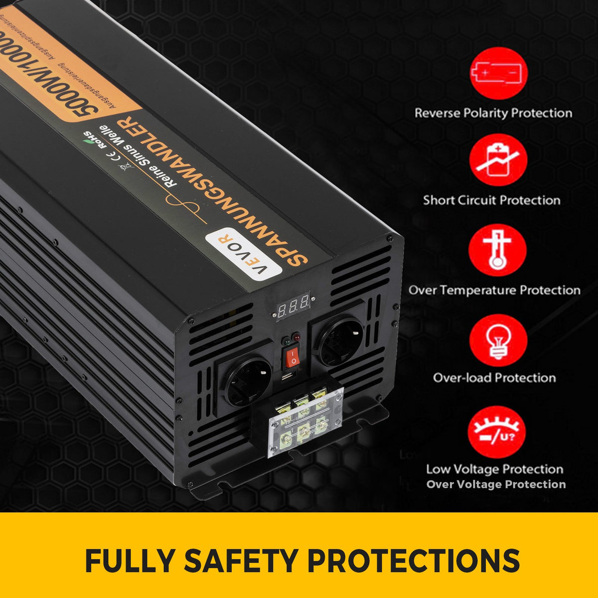 VEVOR Pure Sine Wave Power Inverter 5000W 24V DC to 230V AC 50Hz Peak Power 10000W for Appliances and Solar System Emergency