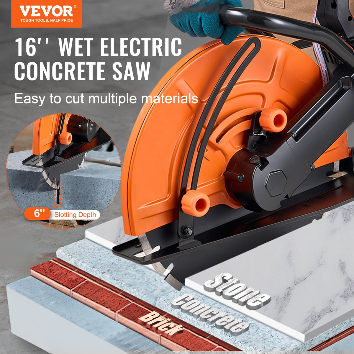 VEVOR 16"/40.6 cm Electric Concrete Saw Wet/Dry Saw Cutter with Water Pump and Blade