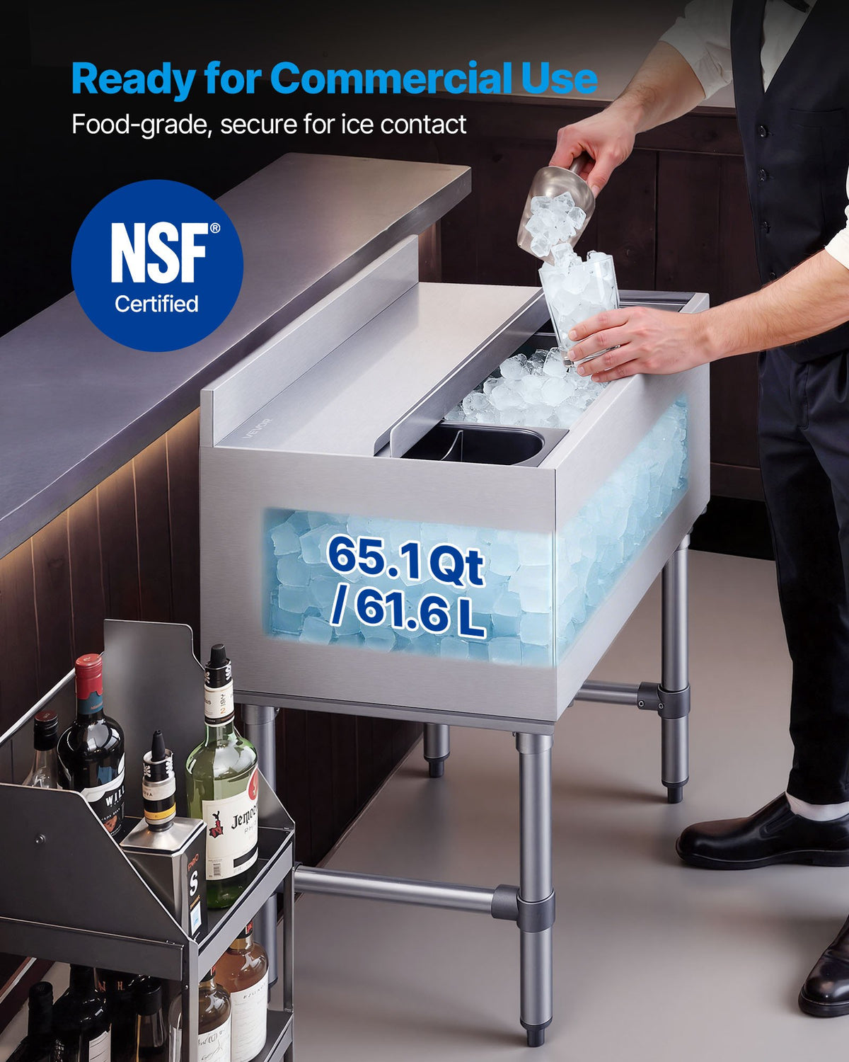 VEVOR Commercial Ice Bin, 61.6 L Max Capacity, 610 x 482 x 850 mm Stainless Steel Ice Chest with Sliding Lid and Bottle Holders, Cooler Cart Cocktail Unit for Bar Restaurant Pub, NSF Certified