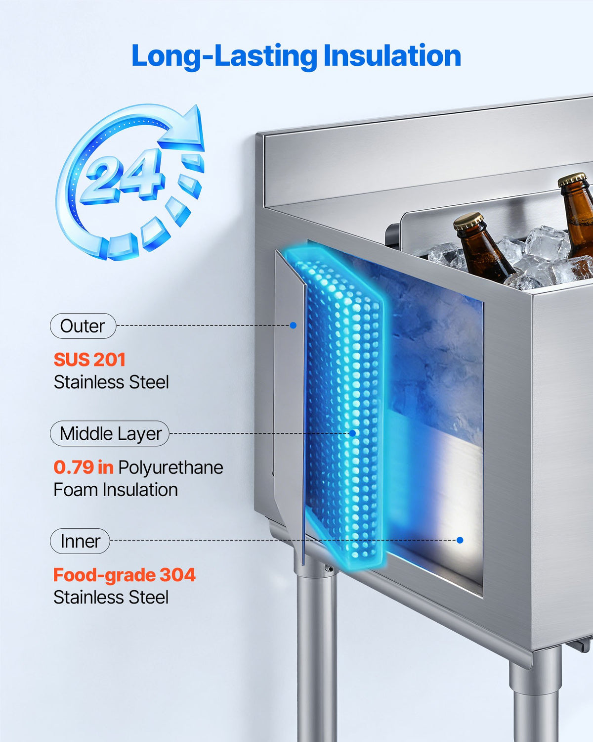 VEVOR Commercial Ice Bin, 61.6 L Max Capacity, 610 x 482 x 850 mm Stainless Steel Ice Chest with Sliding Lid and Bottle Holders, Cooler Cart Cocktail Unit for Bar Restaurant Pub, NSF Certified