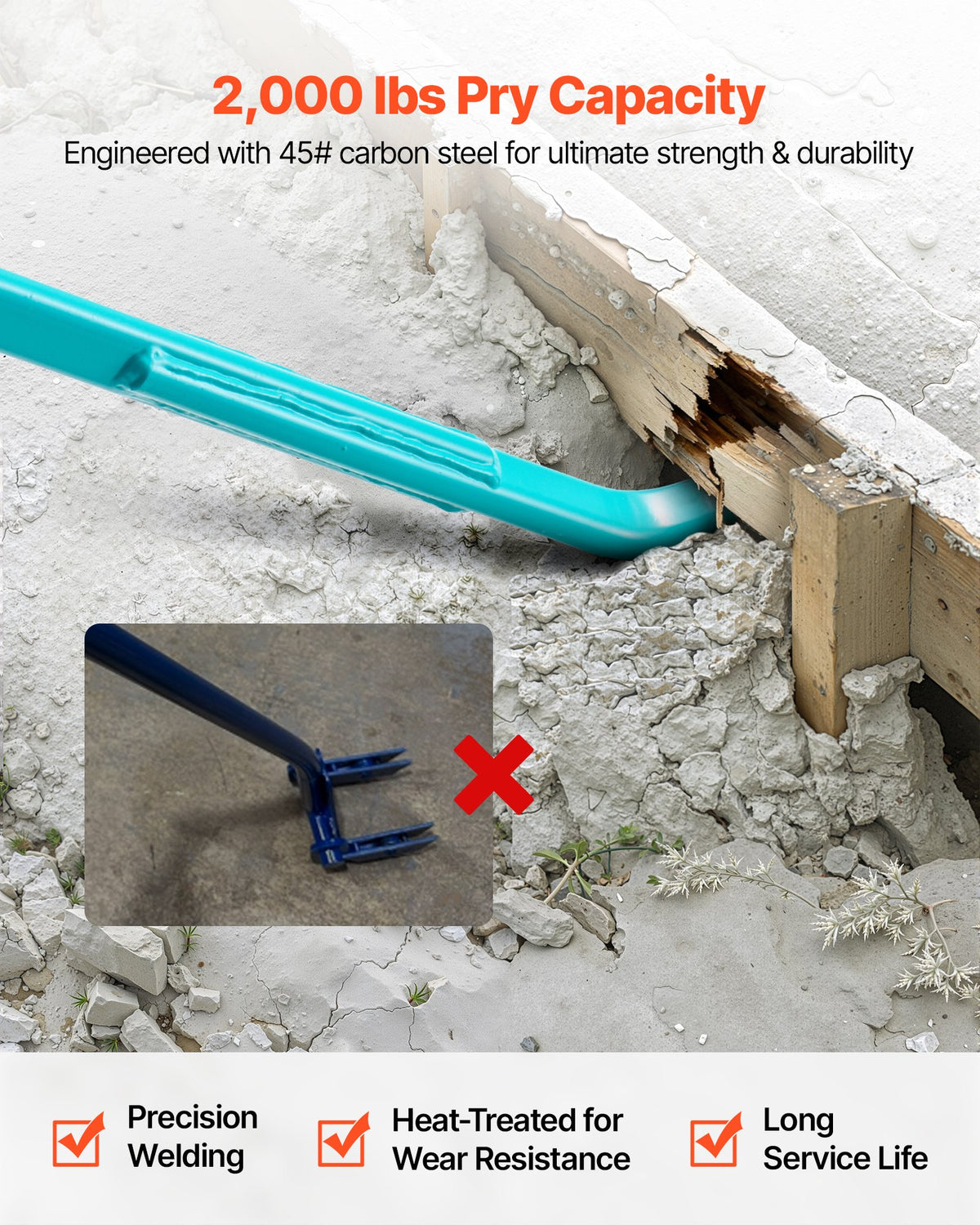 VEVOR Prylever Bar, 907 kg Weight Capacity, 1.3 m Heavy Duty Carbon Steel Handle Pry Lever Bar, 1.4 m Long Crowbar for Concrete, Demolition, Crowbaring, Ideal for Construction & Industrial Use