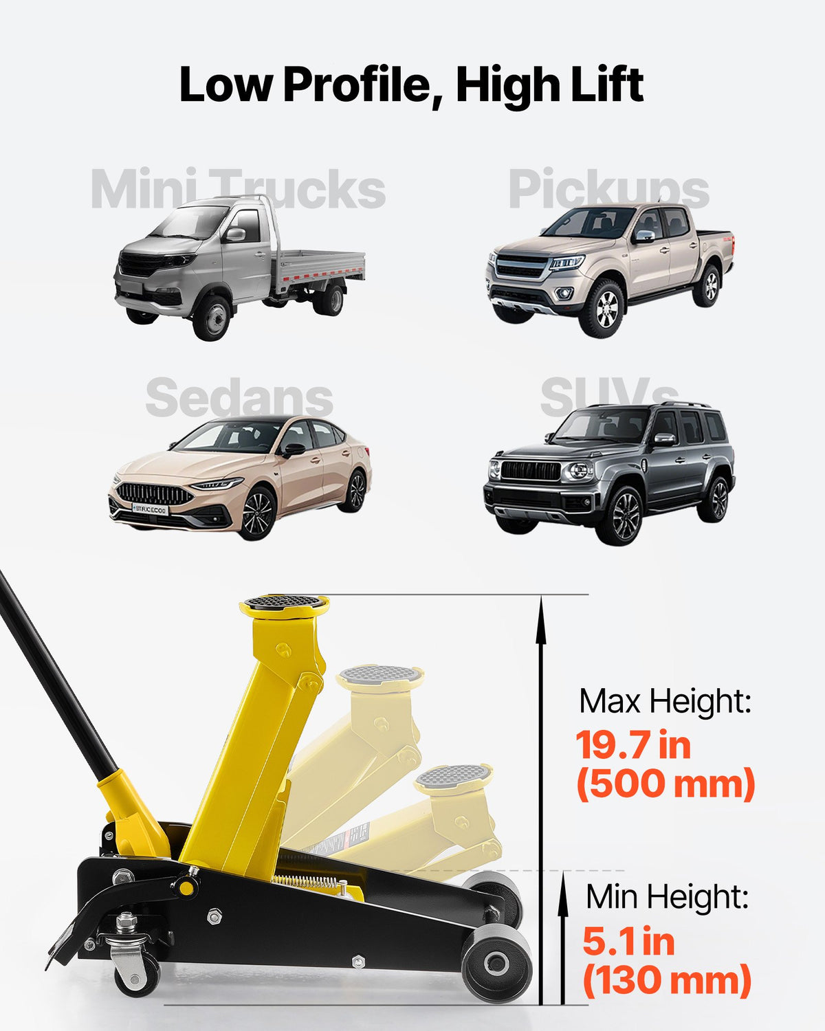 VEVOR Low Profile Floor Jack, 3 Ton Capacity, Steel Racing Floor Jack with Single Piston Quick Lift Pump & Foot Pedal, Hydraulic Trolley Car Lift for Sedans, SUVs, Pickups, Lifting Range 130-500 mm