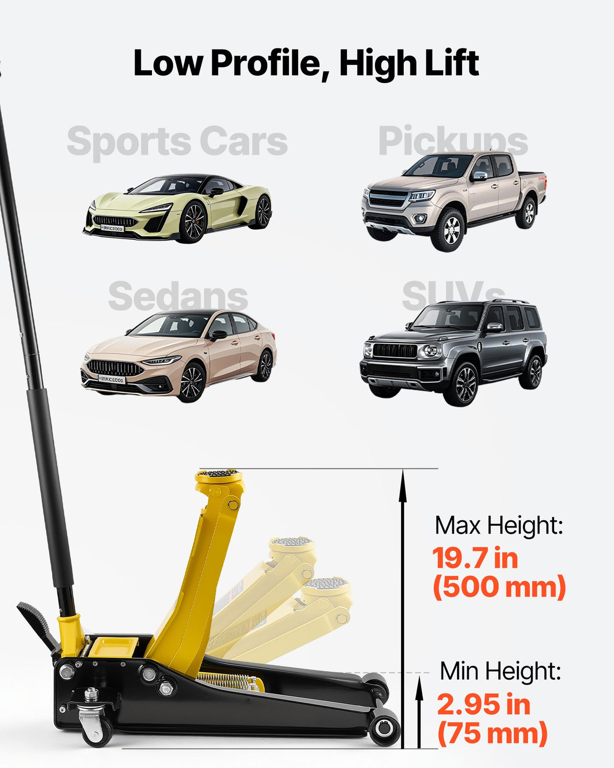 VEVOR Low Profile Floor Jack, 3 Ton Capacity, Steel Racing Floor Jack with Dual Pistons Quick Lift Pump & SUV Adapter, Hydraulic Trolley Car Lift for Sports Cars, Pickups, Lifting Range 75-500 mm