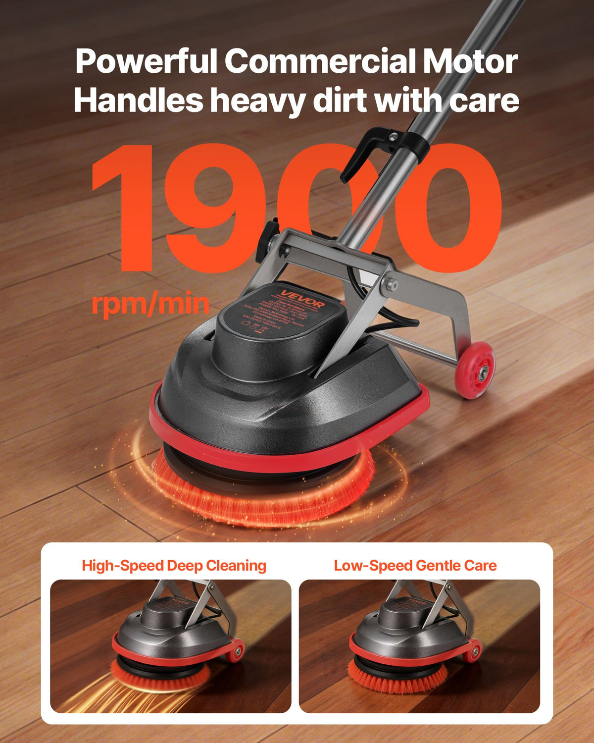 VEVOR Commercial Floor Scrubber Machine, Heavy Duty Floor Cleaner Polisher with 2 Wheels,  Professional Electric Carpet Buffer, Max 1900 RPM, 43 FT Cord, 3 Pads & 3 Brushes - All Floor Surfaces