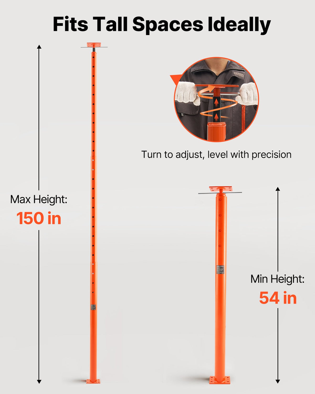 VEVOR House Floor Jack, 54"-150" Height Range, 11200 lbs Max Load Capacity, Adjustable Support Beam Basement Jack Post Pole for Leveling, Lift Support Steel Telescoping Jack for Temporary Support