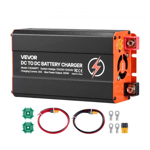 VEVOR DC to DC Charger with MPPT, 350W, 30A On-Board Battery Charger, Solar Panel/Alternator Dual Input, Smart Multi-Stage Charging for LiFePO4 Lead-Acid Batteries, for RVs, Cars, Home Backup Power